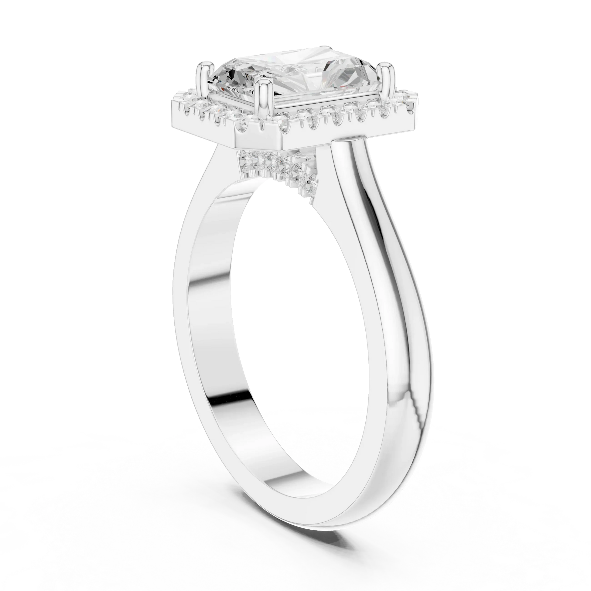 Back view of white gold radiant halo ring with lab-grown diamond and polished band