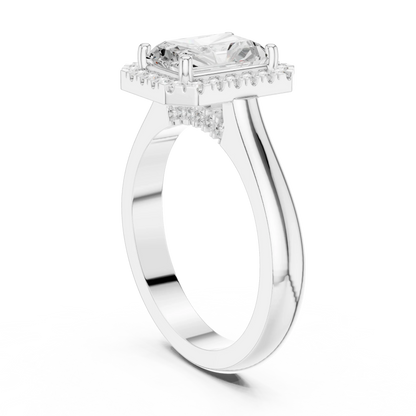 Back view of white gold radiant halo ring with lab-grown diamond and polished band