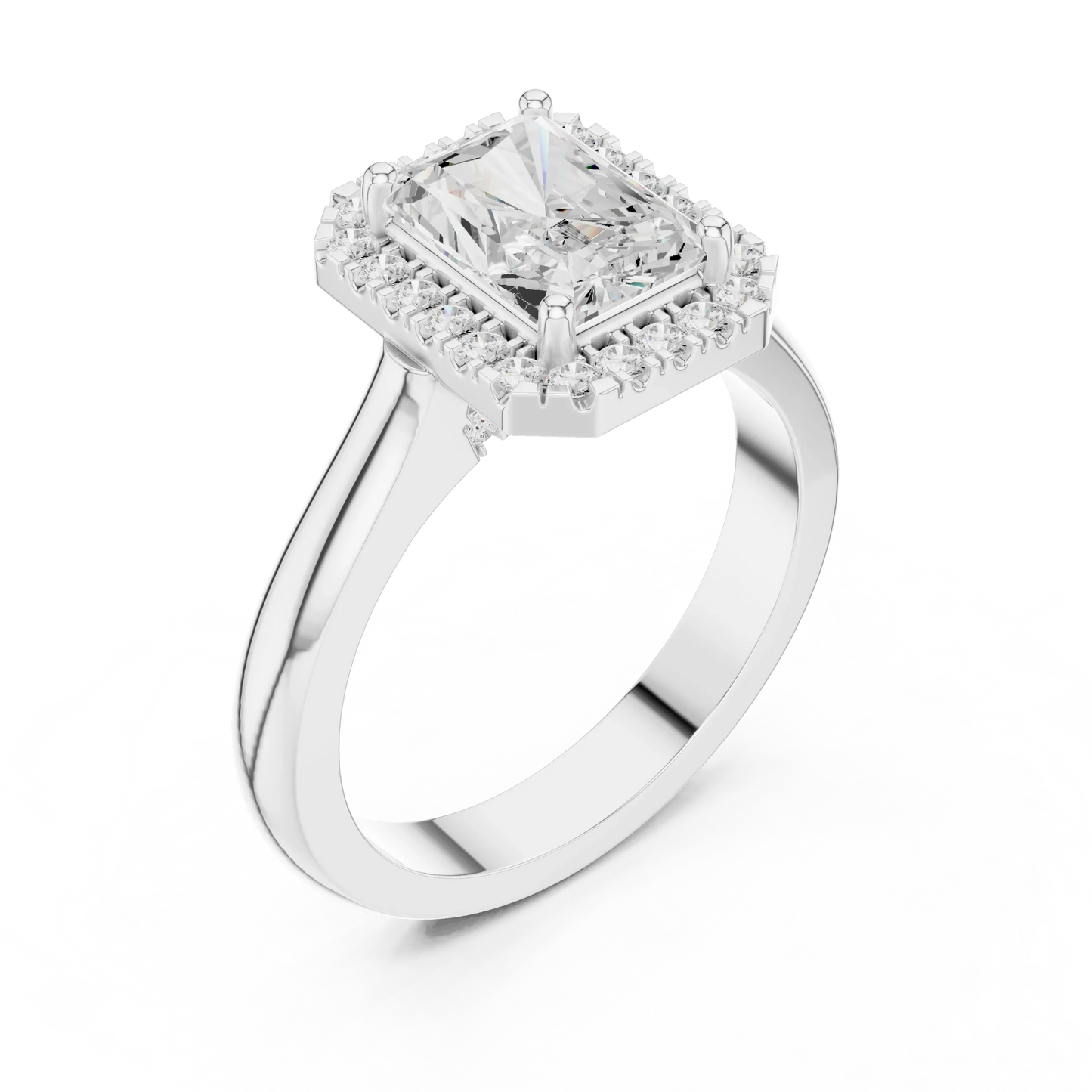 Front view of white gold radiant halo ring featuring lab-grown diamond with halo setting