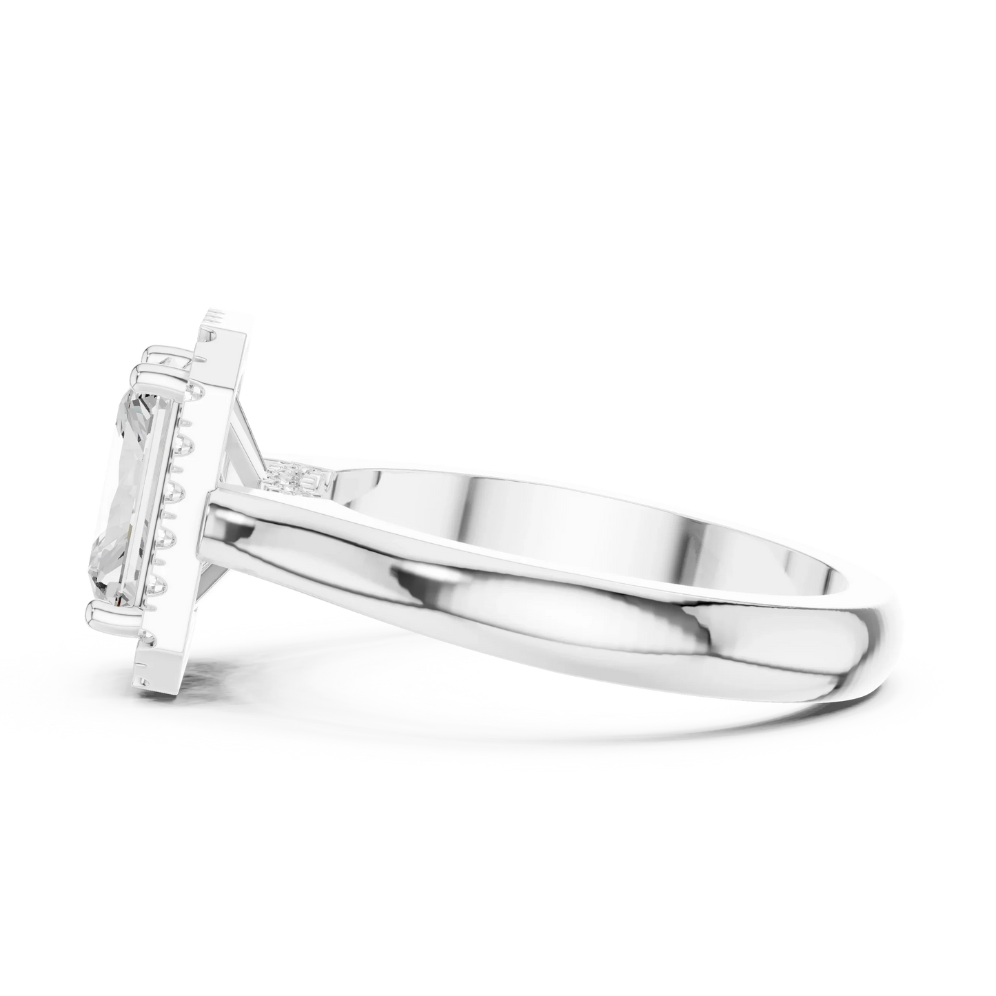 Side view of white gold radiant halo ring highlighting diamond setting and band profile
