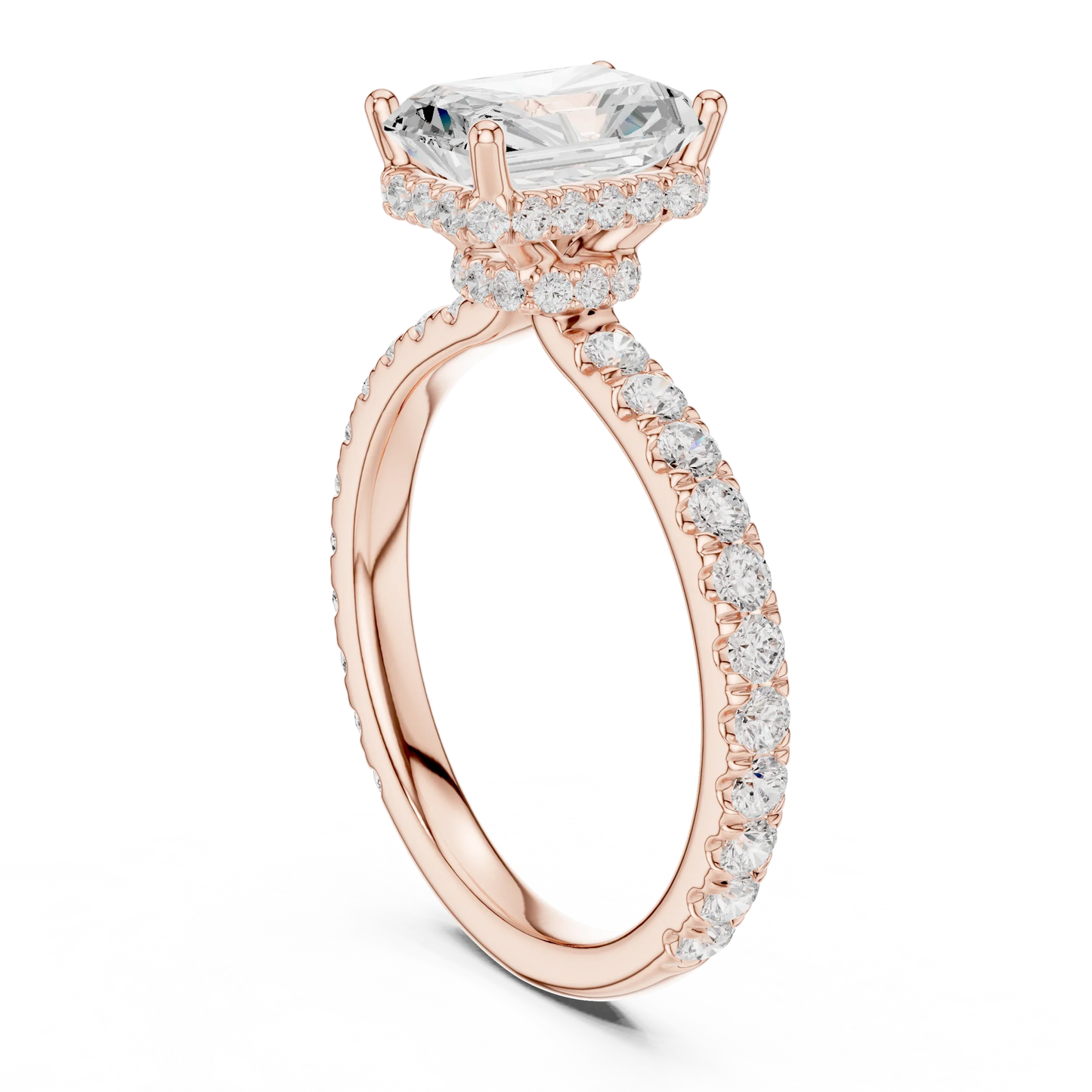 Back view of rose gold radiant hidden halo ring with pave diamond band and lab-grown diamond 鈥?Australia