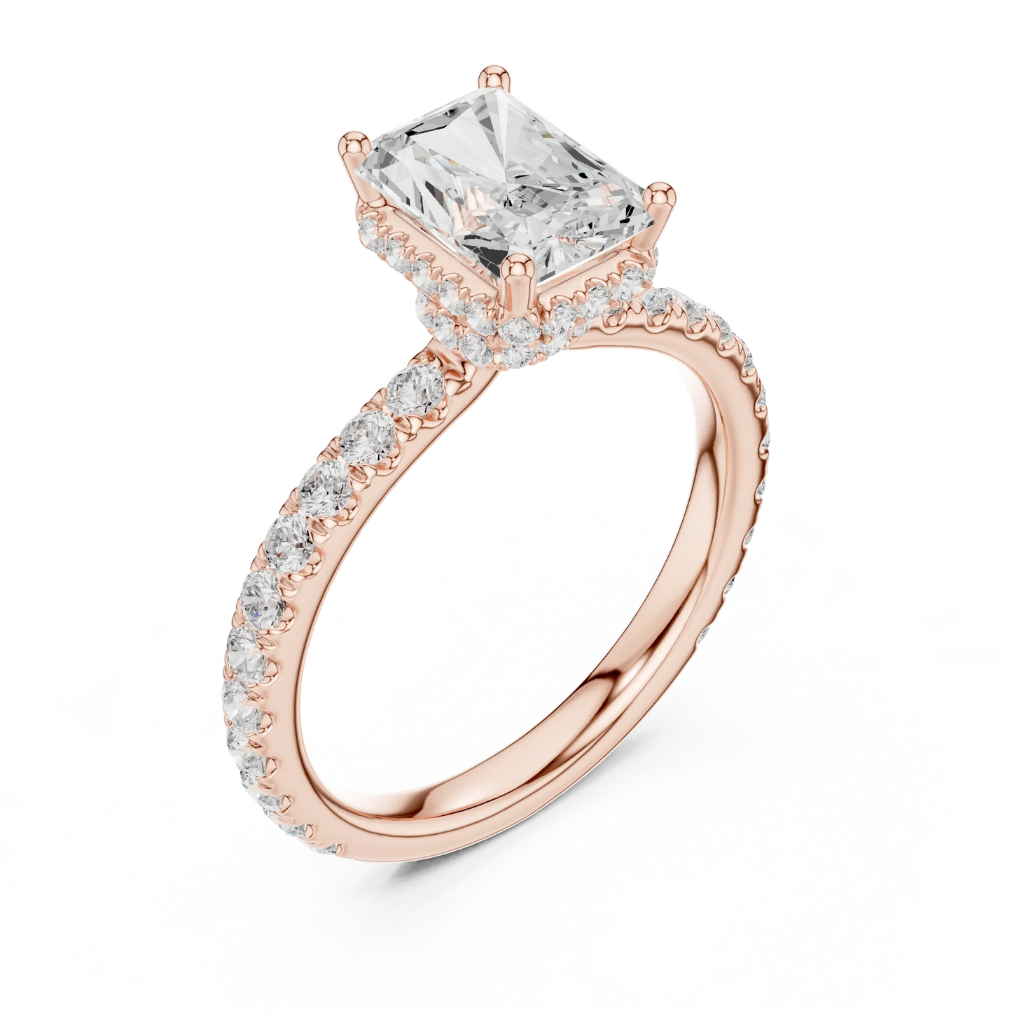 Front view of rose gold radiant hidden halo ring with pave diamond band and lab-grown diamond 鈥?Australia