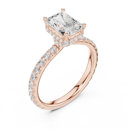 Front view of rose gold radiant hidden halo ring with pave diamond band and lab-grown diamond 鈥?Australia