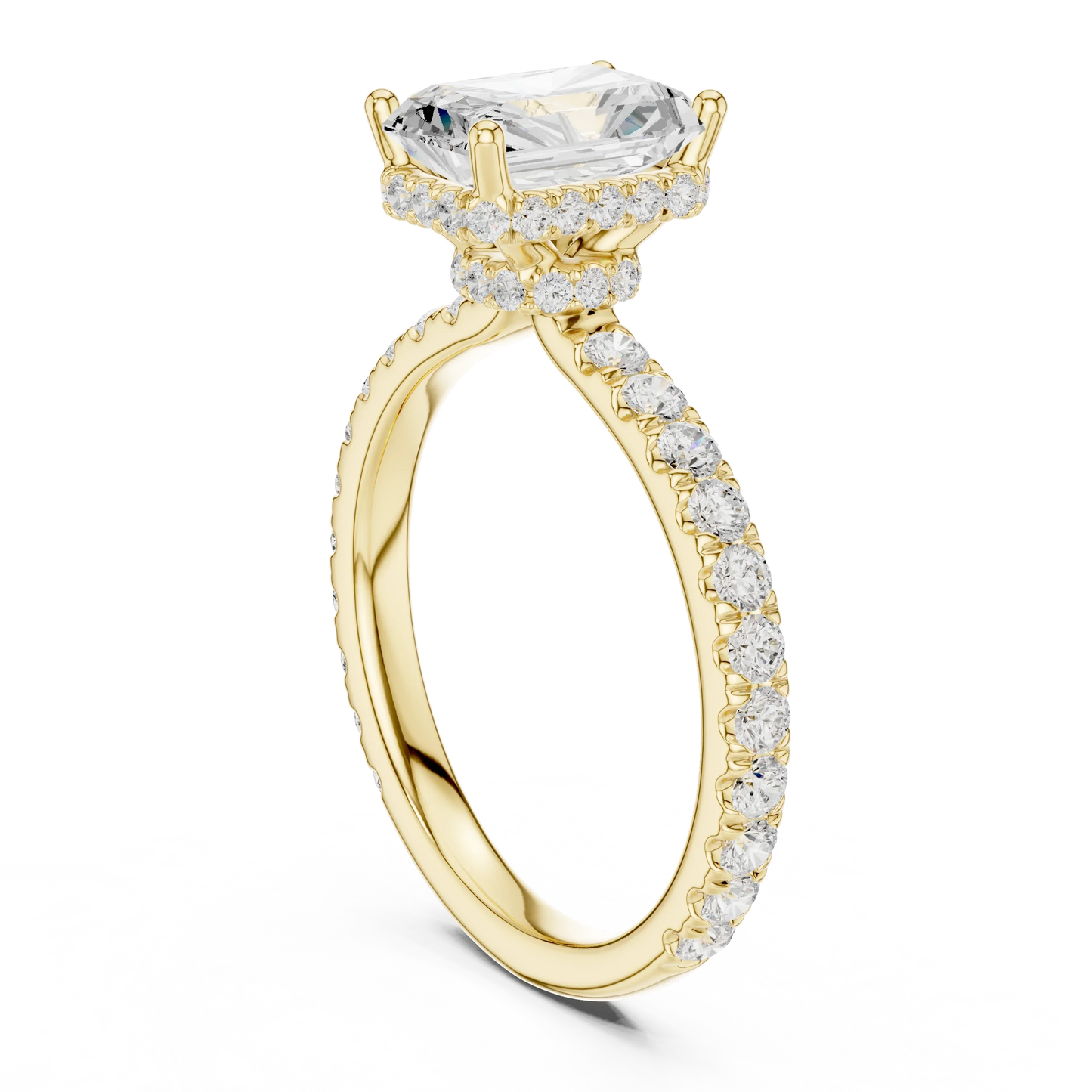 Back view of yellow gold radiant hidden halo ring with pave diamond band and lab-grown diamond 鈥?Australia