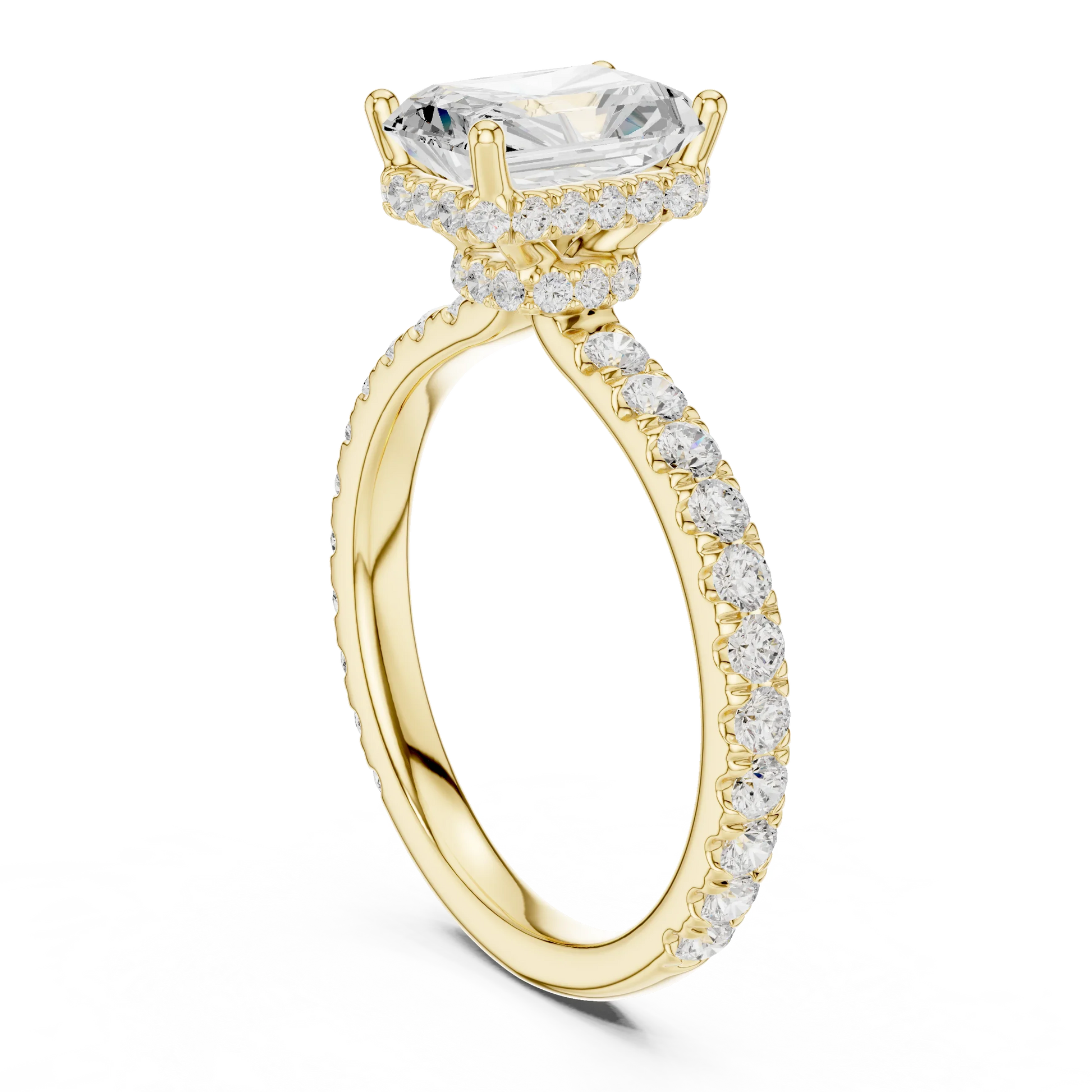 Back view of yellow gold radiant hidden halo ring with pave diamond band and lab-grown diamond 鈥?Australia