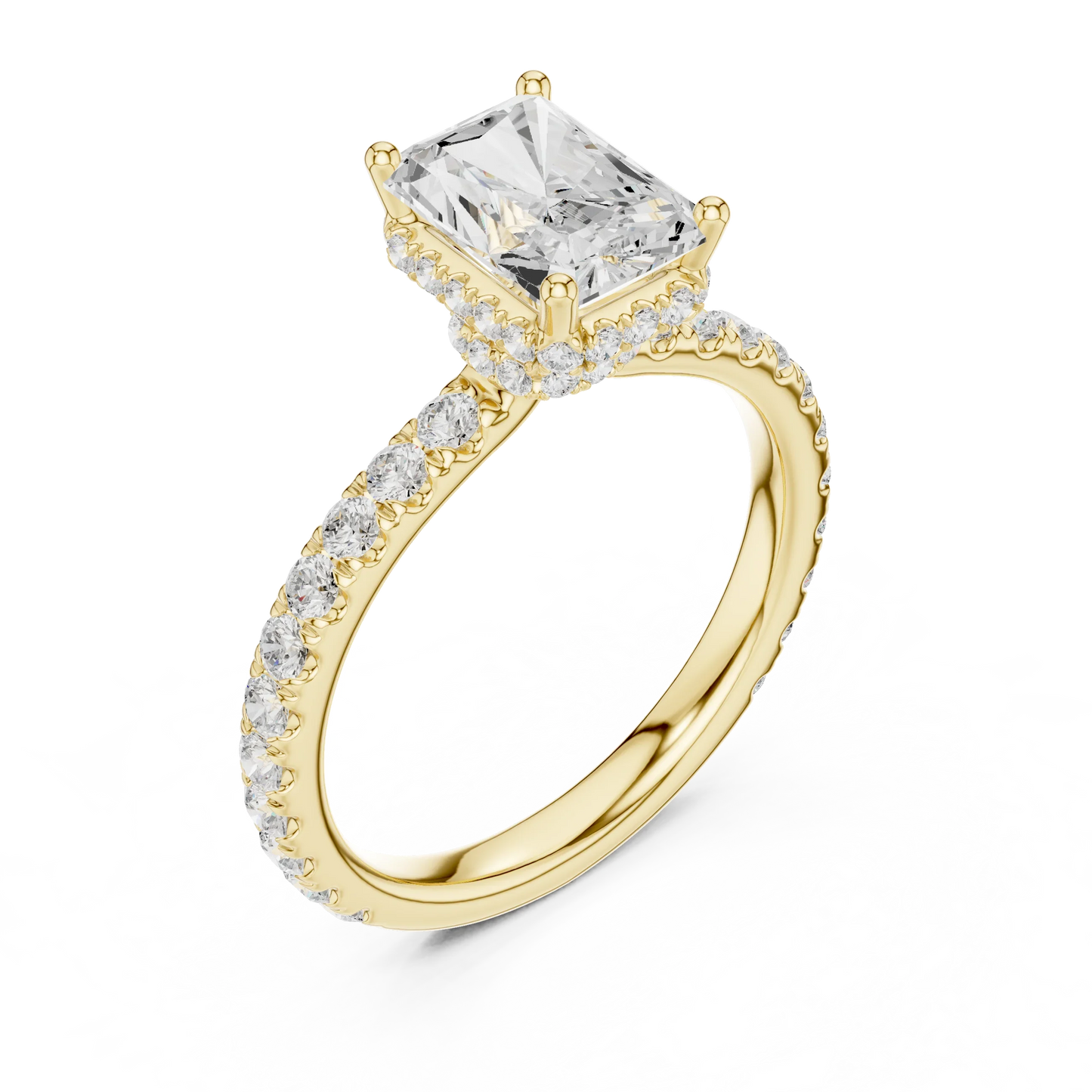 Front view of yellow gold radiant hidden halo ring with pave diamond band and lab-grown diamond 鈥?Australia