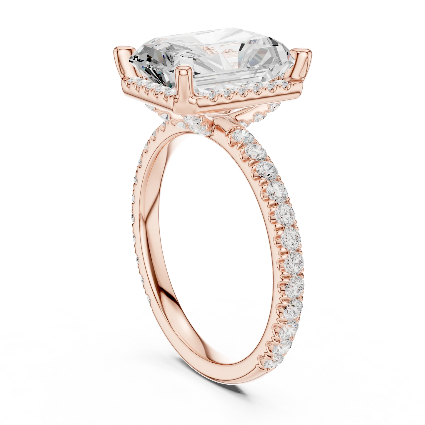 Back view of rose gold radiant cut micro halo ring showing pav茅 diamond band and halo setting details