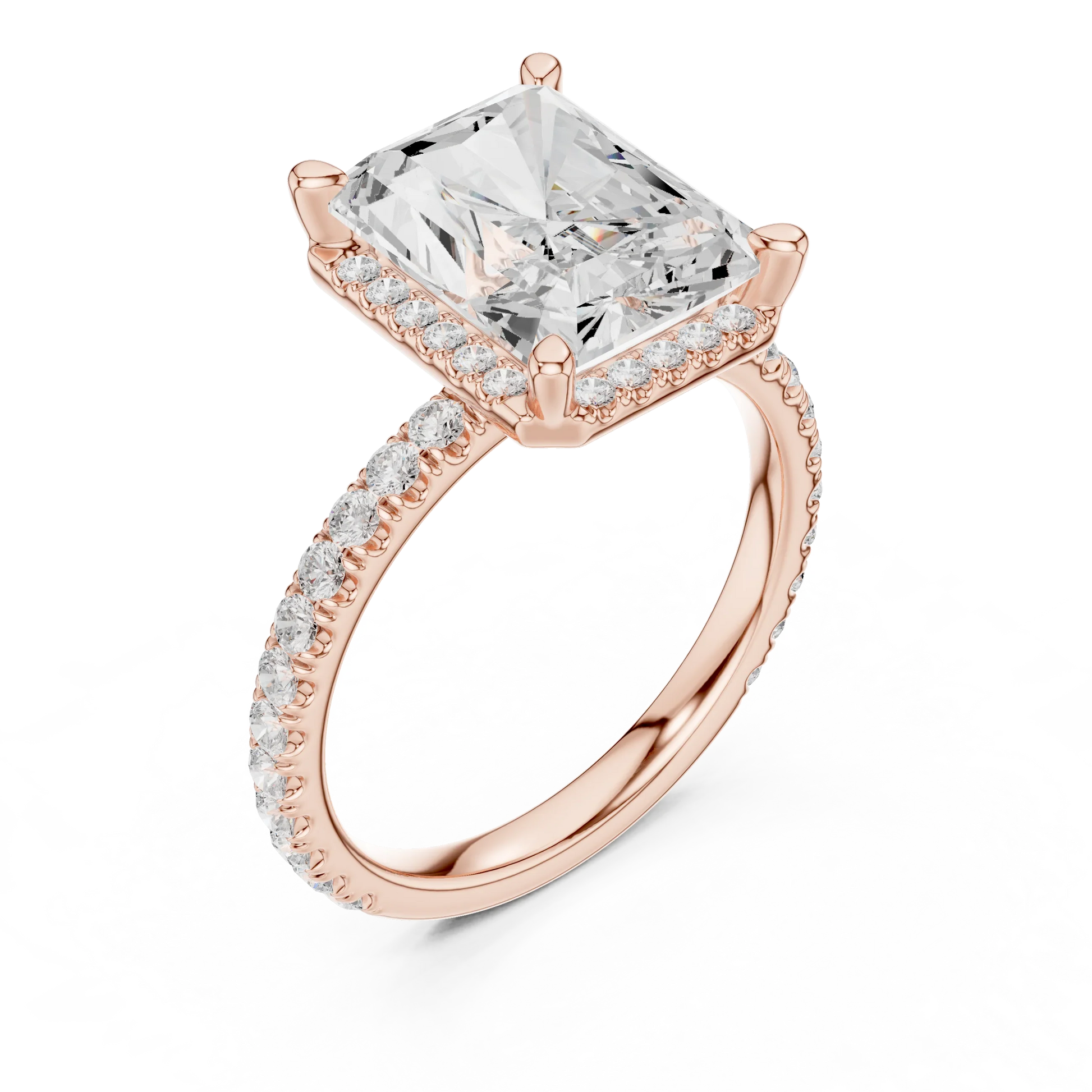 Front view of rose gold radiant cut micro halo ring with pav茅 diamond band and lab-created diamond