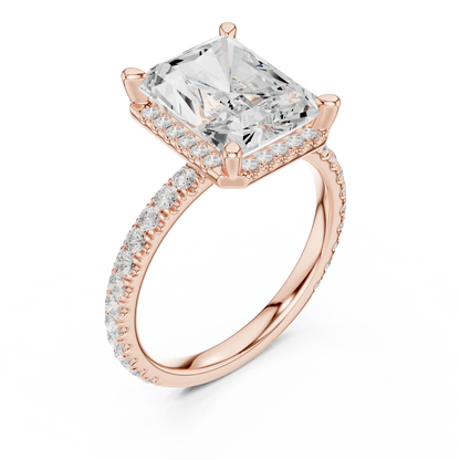 Front view of rose gold radiant cut micro halo ring with pav茅 diamond band and lab-created diamond