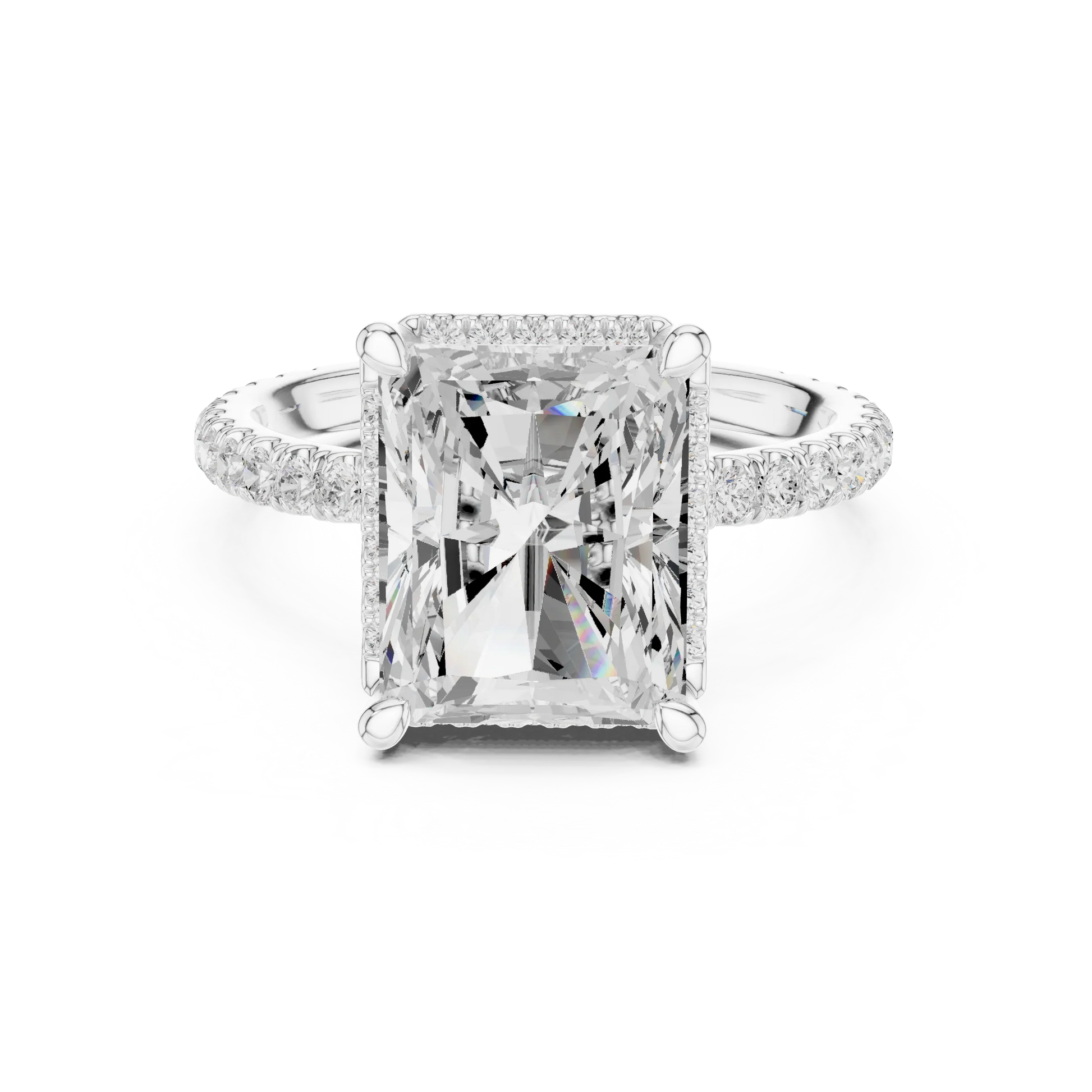 White gold radiant cut micro halo ring with pav茅 diamond band featuring lab-grown diamond, elegant sparkle design