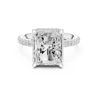 White gold radiant cut micro halo ring with pav茅 diamond band featuring lab-grown diamond, elegant sparkle design