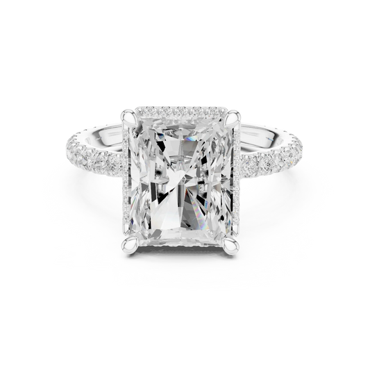 White gold radiant cut micro halo ring with pav茅 diamond band featuring lab-grown diamond, elegant sparkle design