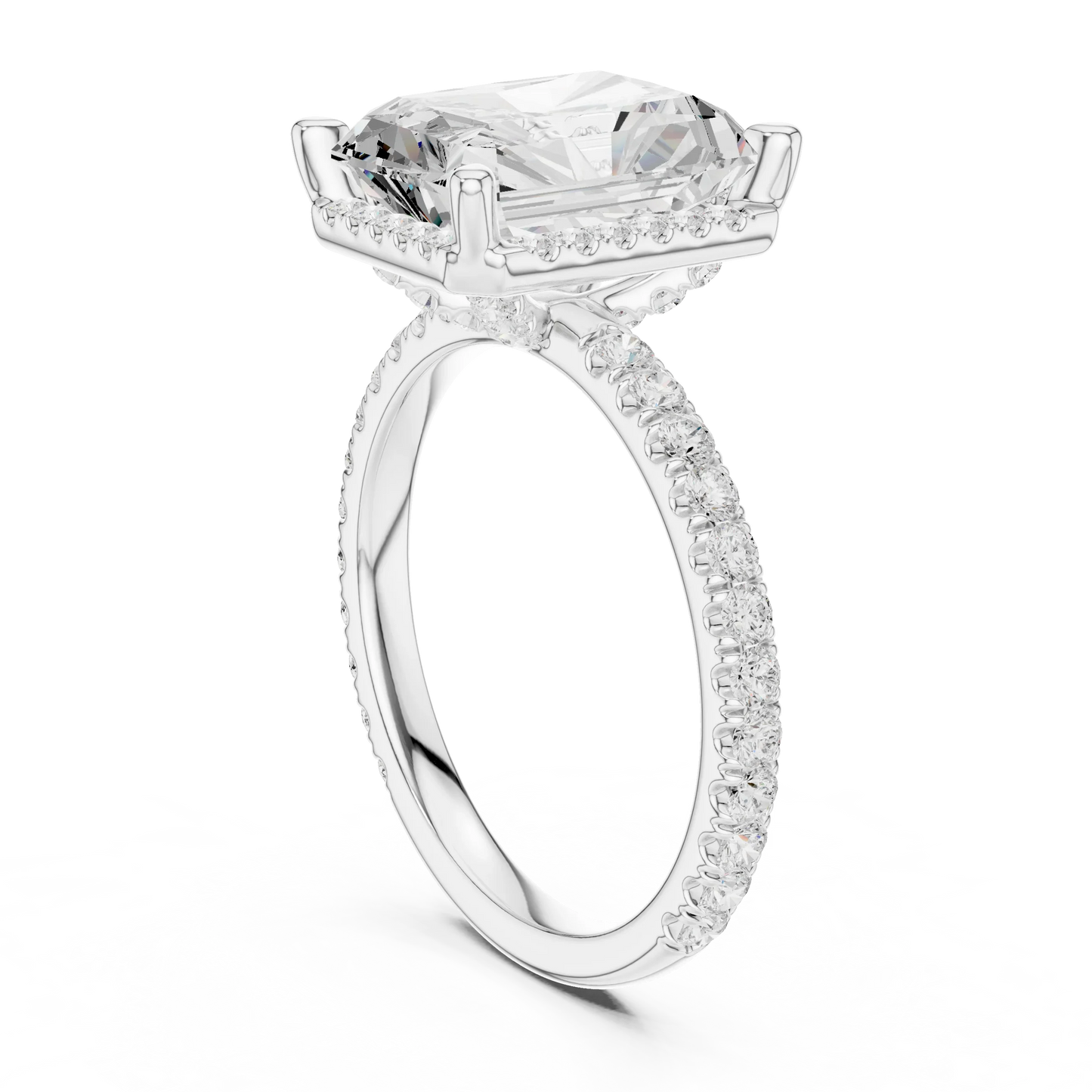 Back view of white gold radiant cut micro halo ring showing pav茅 diamond band and halo setting details