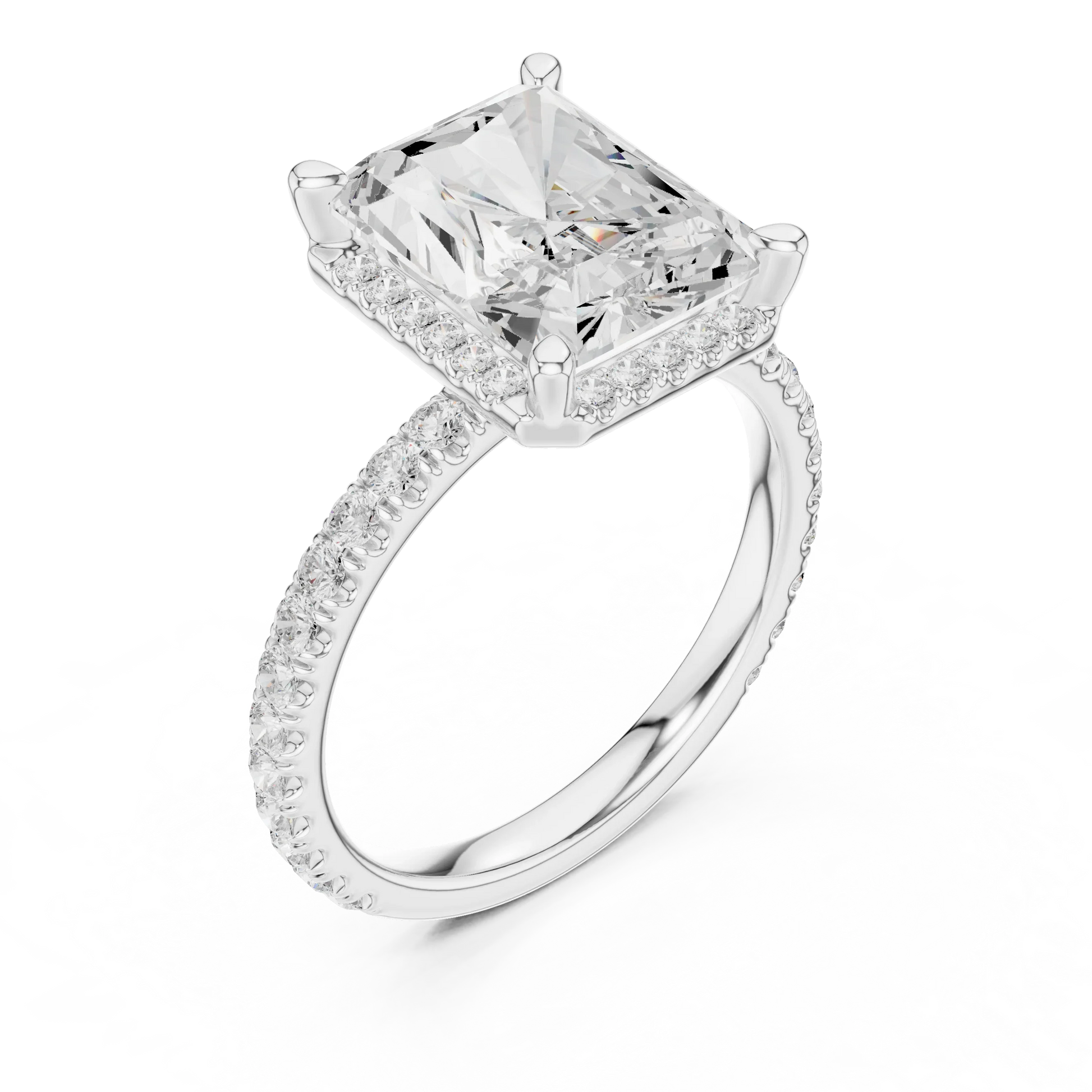 Front view of white gold radiant cut micro halo ring with pav茅 diamond band and lab-created diamond