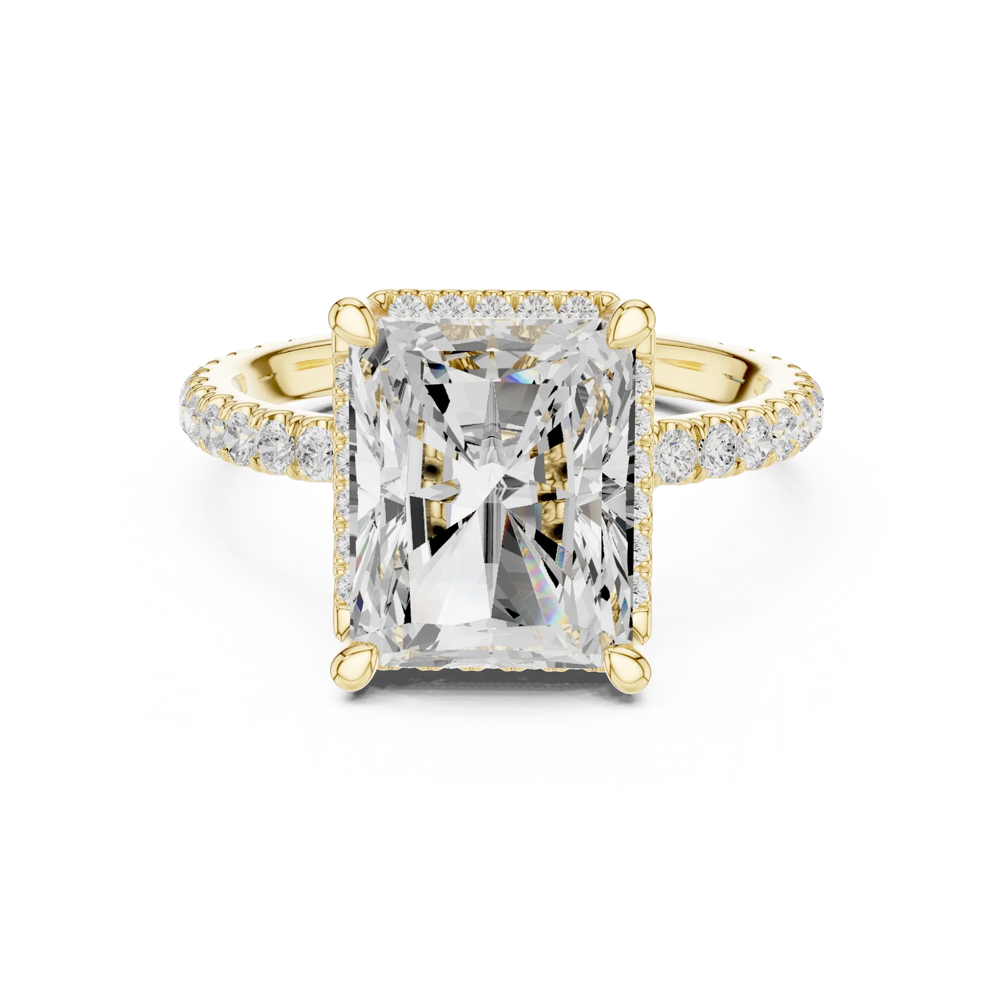 Yellow gold radiant cut micro halo ring with pav茅 diamond band featuring lab-grown diamond, classic style