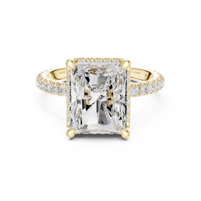 Yellow gold radiant cut micro halo ring with pav茅 diamond band featuring lab-grown diamond, classic style
