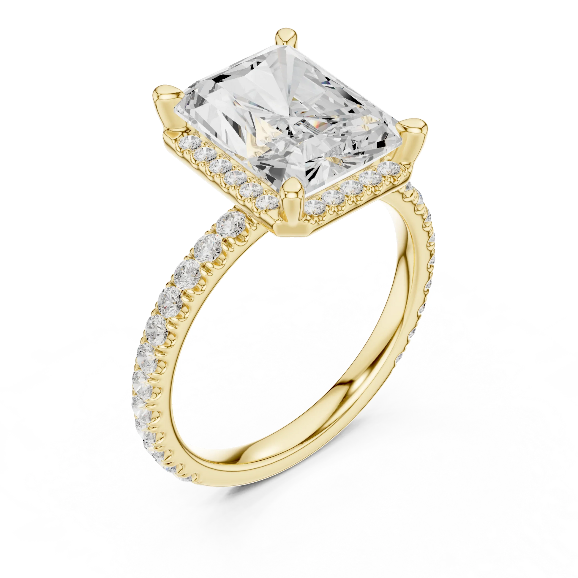 Front view of yellow gold radiant cut micro halo ring with pav茅 diamond band and lab-created diamond