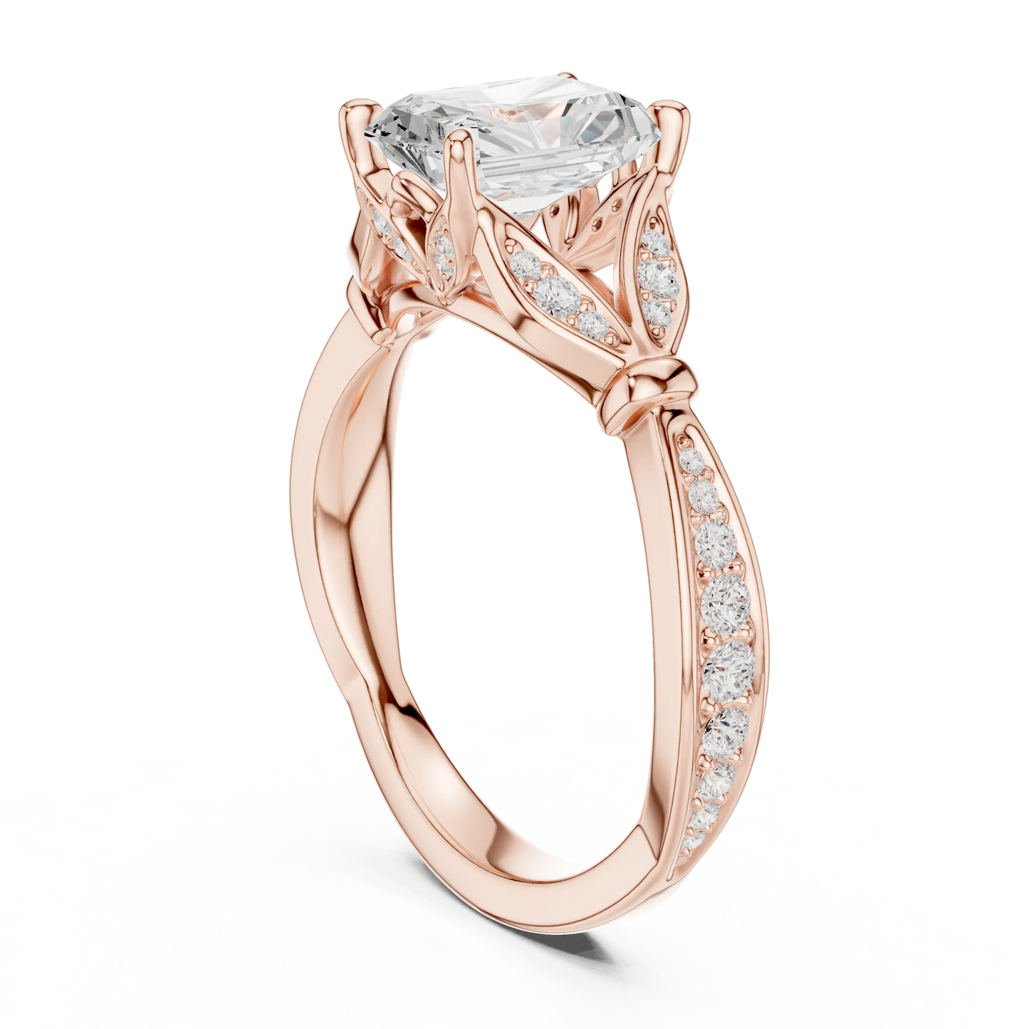 Back side view of rose gold radiant solitaire ring with floral milgrain pave band and lab-grown diamond – Australia