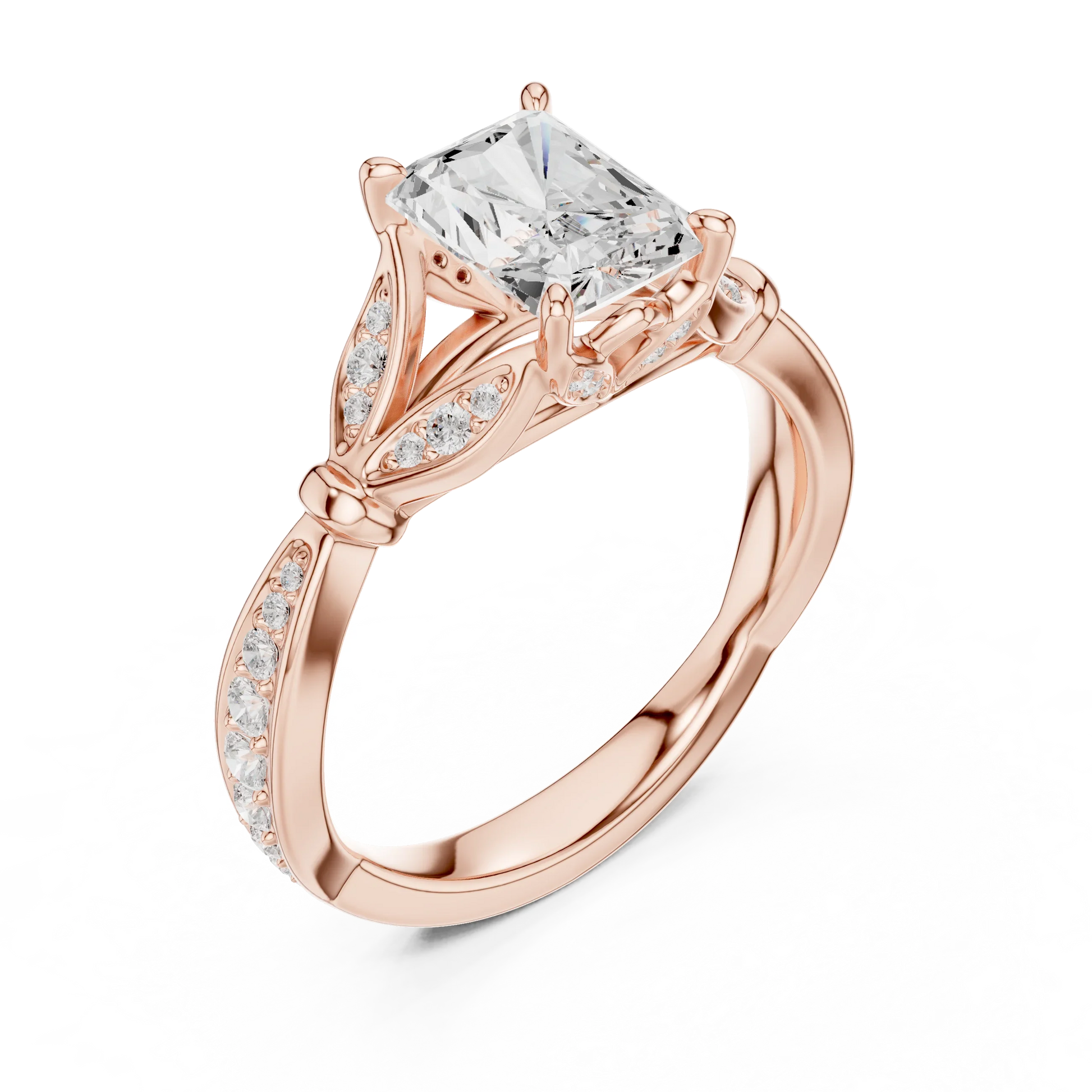 Front view of rose gold radiant solitaire ring with floral milgrain pave band and lab-grown diamond – Australia