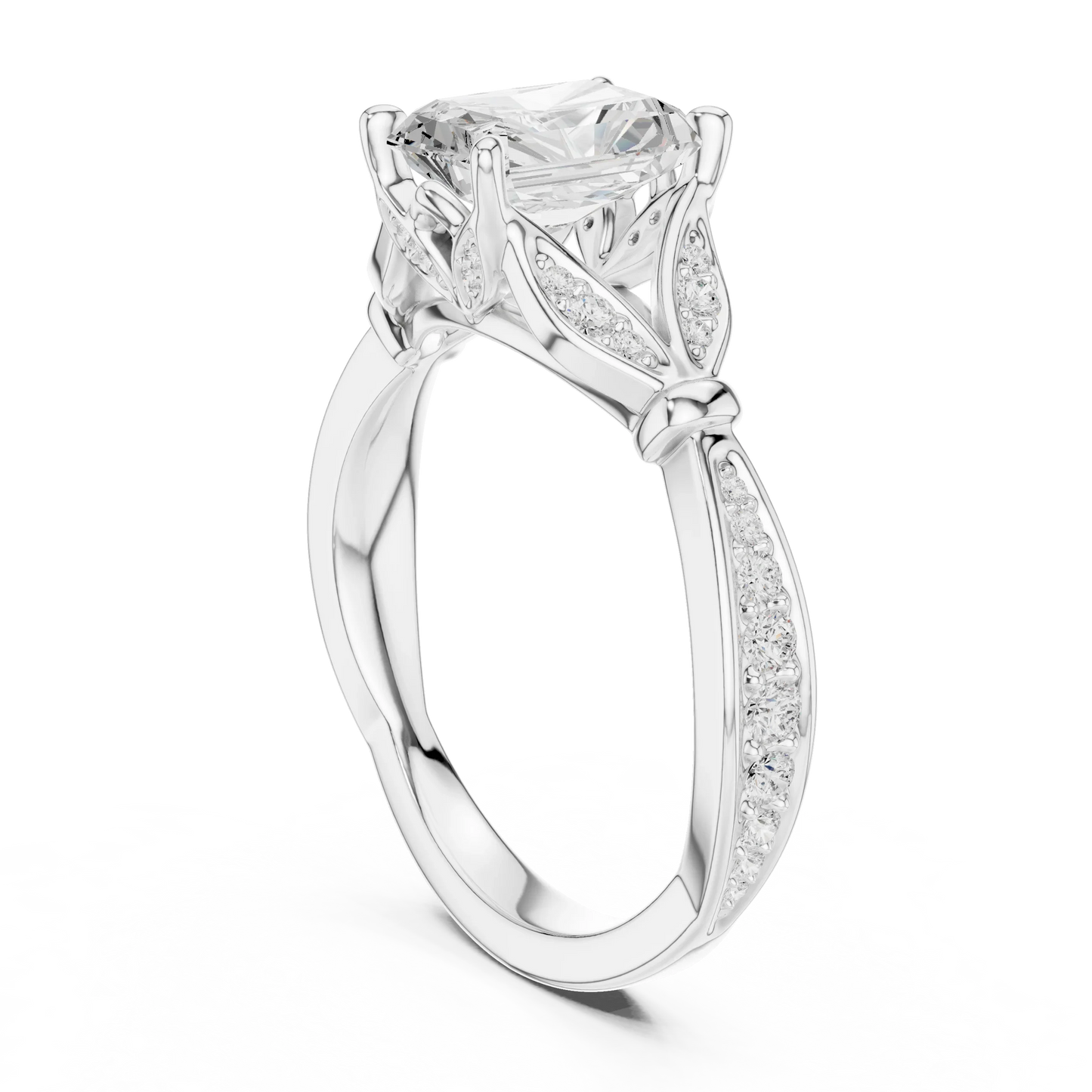 Back side view of white gold radiant solitaire ring with floral milgrain pave band and lab-grown diamond – Australia