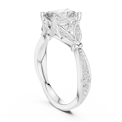 Back side view of white gold radiant solitaire ring with floral milgrain pave band and lab-grown diamond – Australia