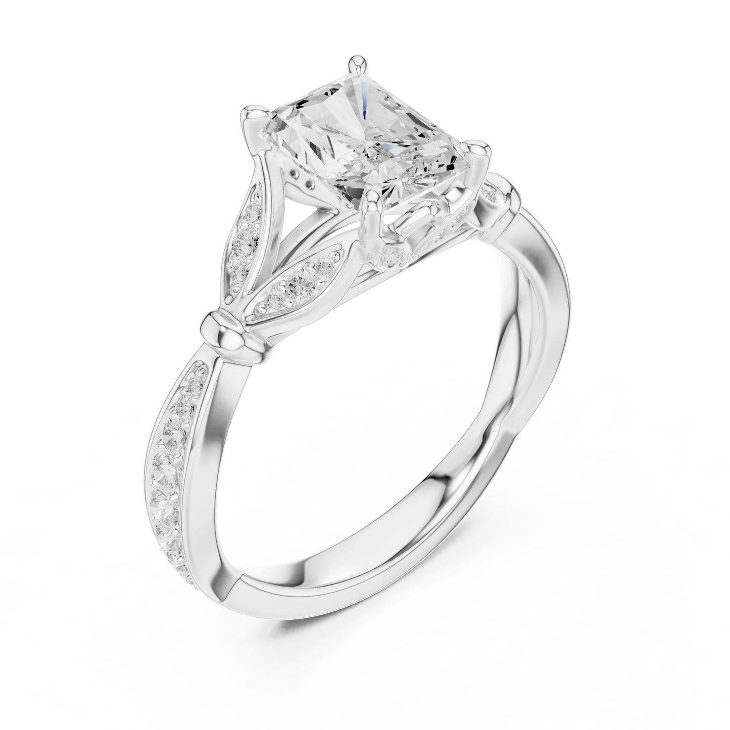 Front view of white gold radiant solitaire ring with floral milgrain pave band and lab-grown diamond – Australia