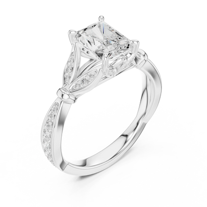 Front view of white gold radiant solitaire ring with floral milgrain pave band and lab-grown diamond – Australia