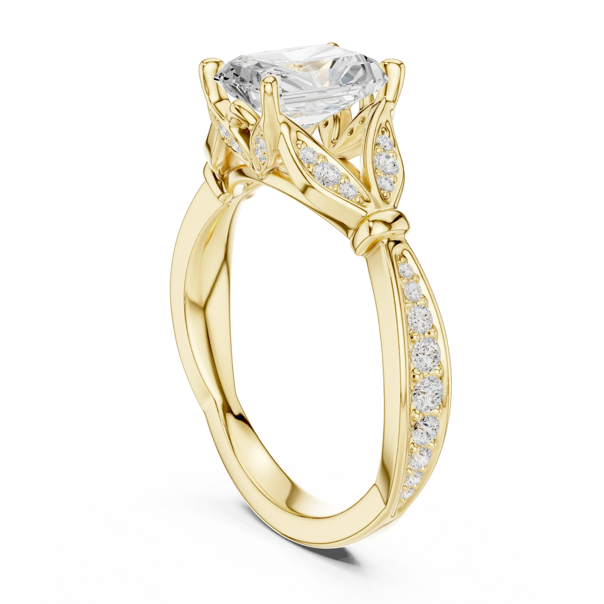 Back side view of yellow gold radiant solitaire ring with floral milgrain pave band and lab-grown diamond – Australia