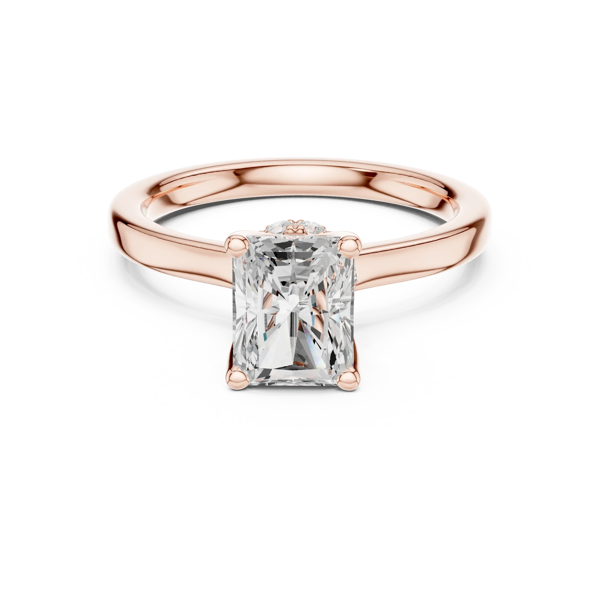 Rose gold radiant cut solitaire ring with hidden halo and domed band featuring lab-grown diamond, modern look