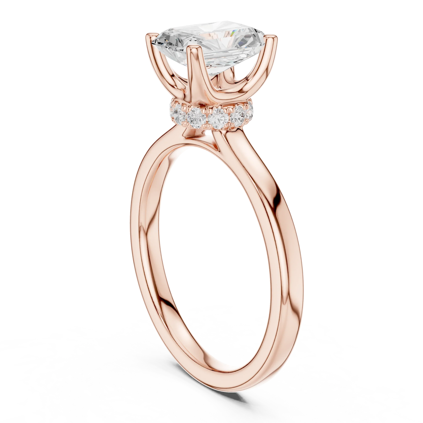 Back view of rose gold radiant cut solitaire ring showing hidden halo and domed band structure