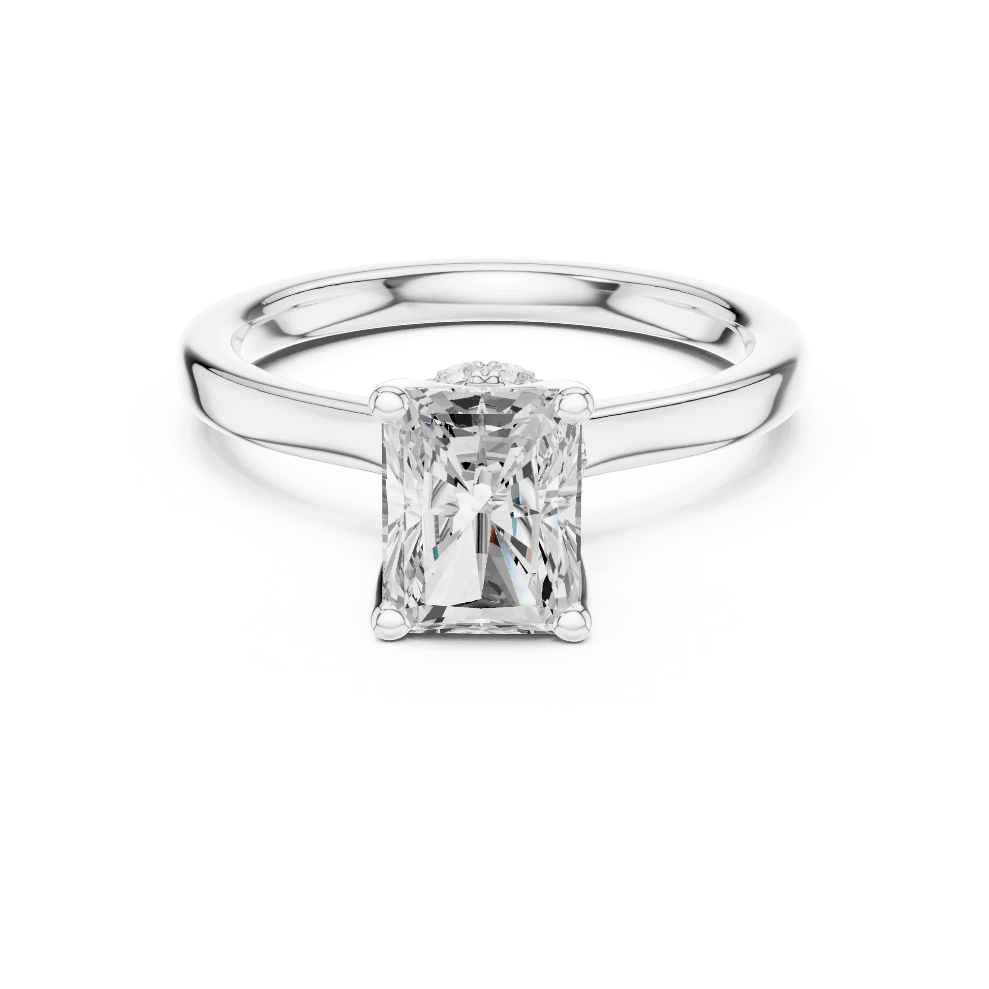 White gold radiant cut solitaire ring with hidden halo and domed band featuring lab-grown diamond, elegant design