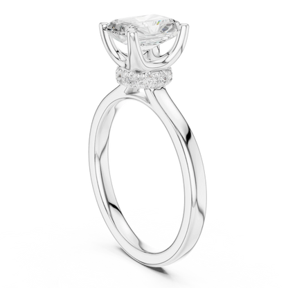 Back view of white gold radiant cut solitaire ring showing hidden halo and domed band details