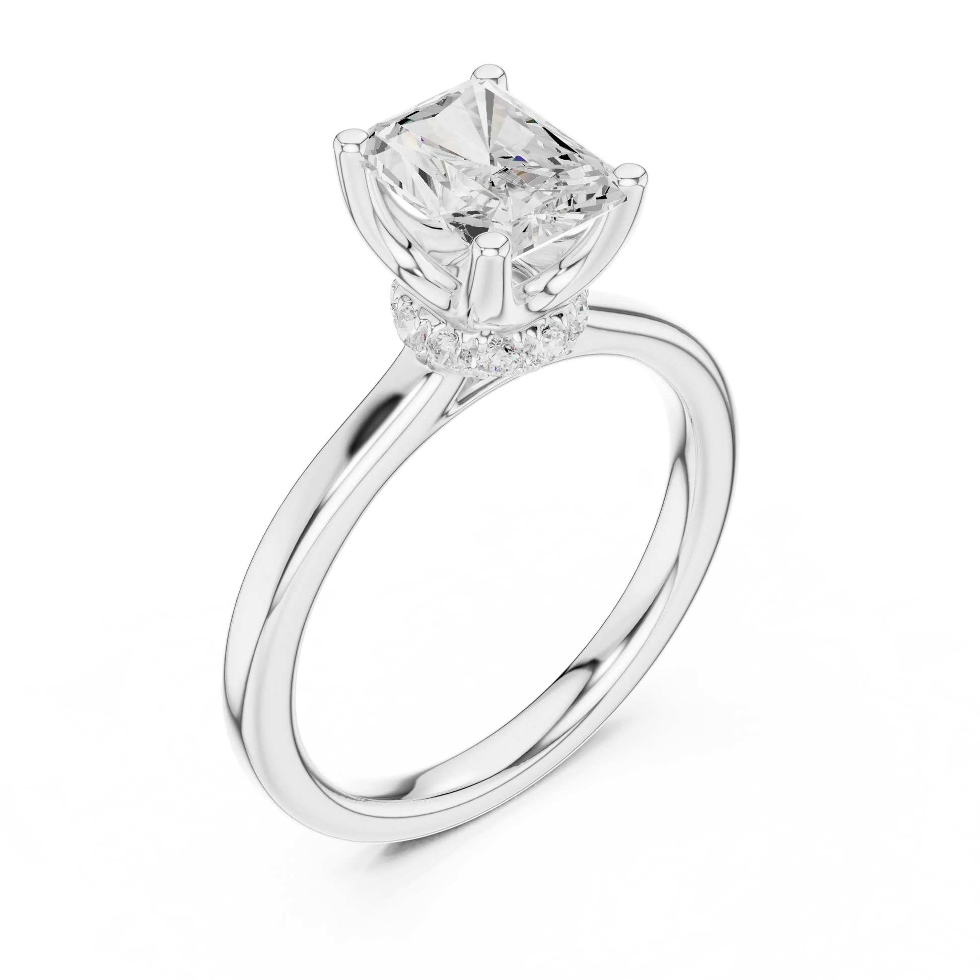 Front view of white gold radiant cut solitaire ring with hidden halo and domed band and lab-created diamond