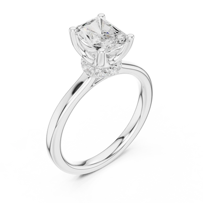 Front view of white gold radiant cut solitaire ring with hidden halo and domed band and lab-created diamond