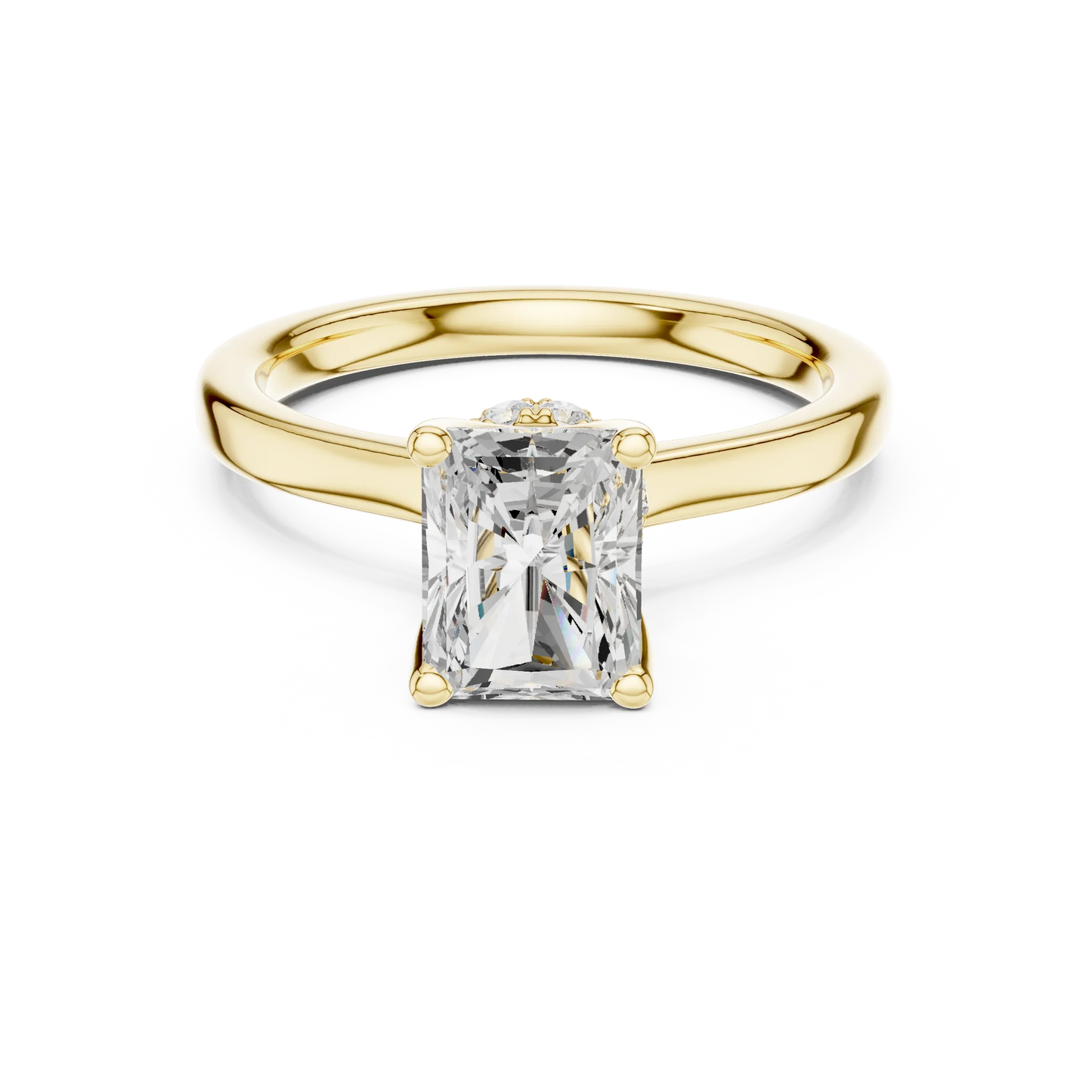 Yellow gold radiant cut solitaire ring with hidden halo and domed band featuring lab-grown diamond, classic style