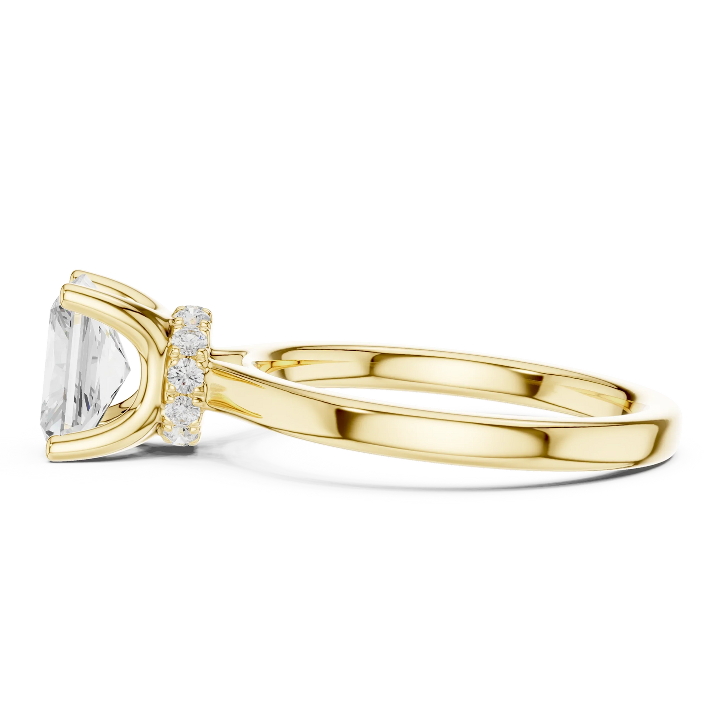 Side view of yellow gold radiant cut solitaire ring highlighting hidden halo and domed band design