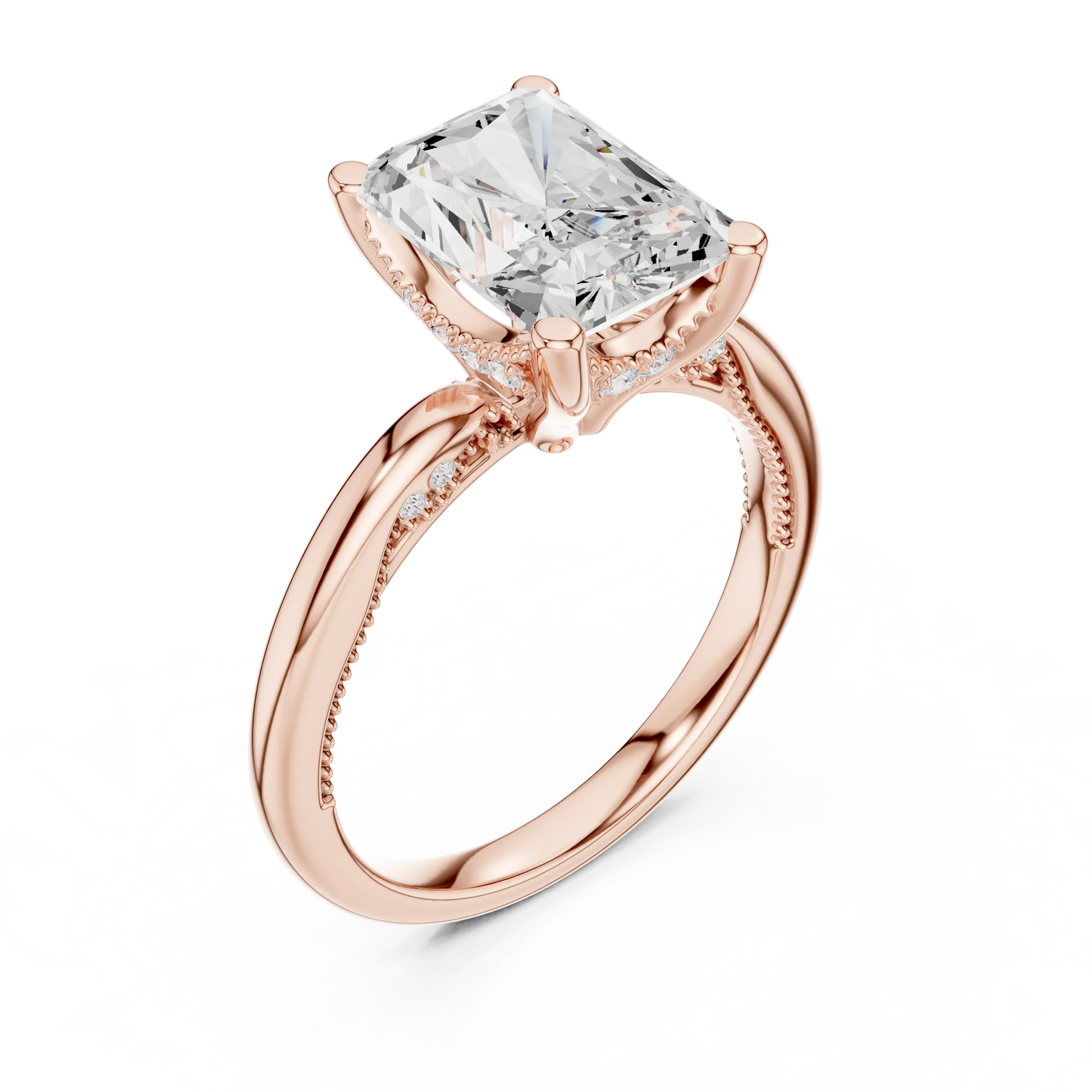 Front view of rose gold radiant cut solitaire ring with hidden halo and domed band and lab-created diamond