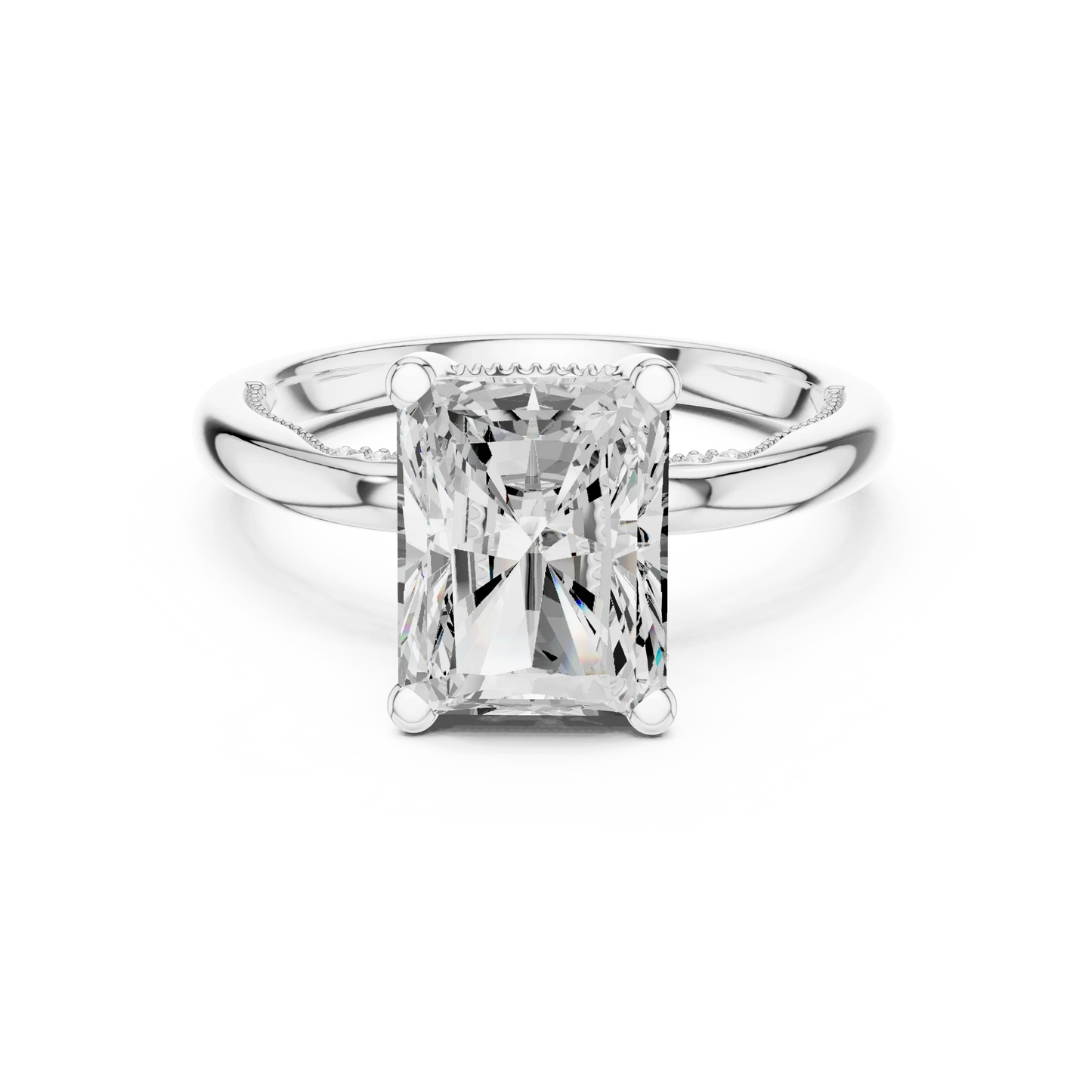 White gold radiant cut solitaire ring with hidden halo and domed band featuring lab-grown diamond, elegant design