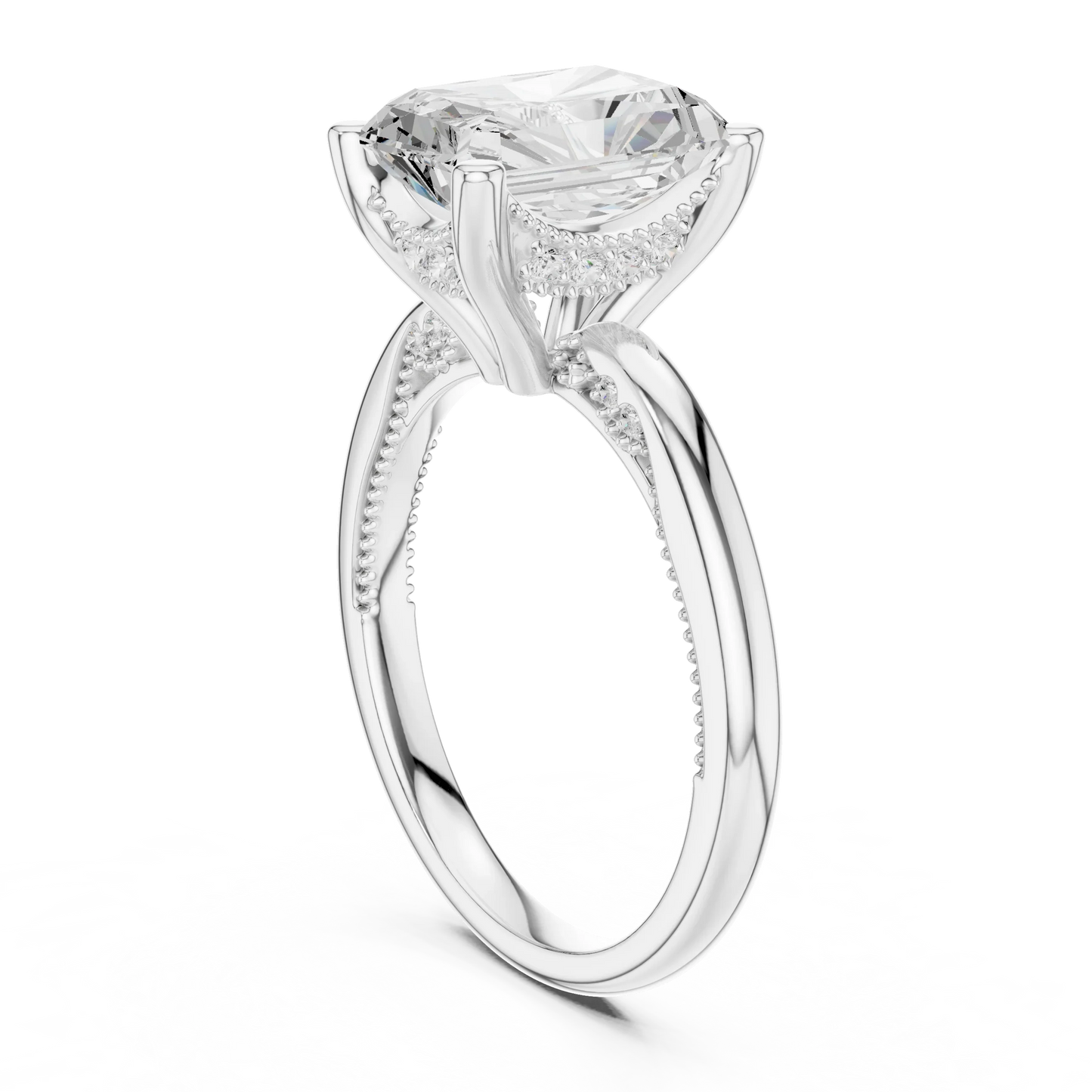 Back side view of white gold radiant cut solitaire ring showing hidden halo and domed band details