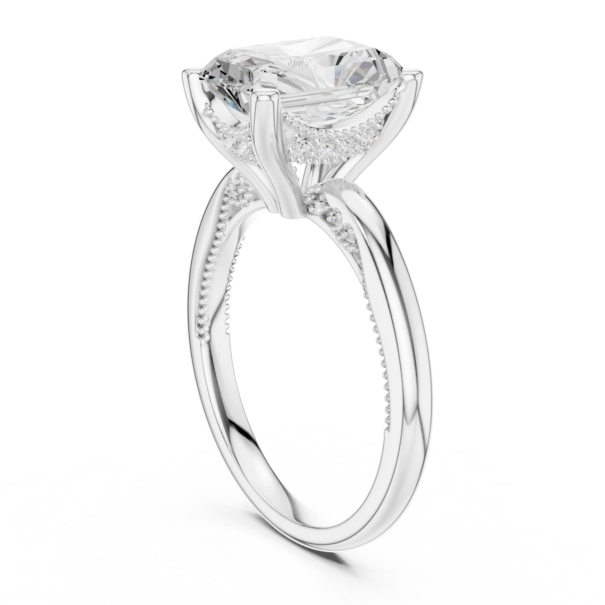 Back side view of white gold radiant cut solitaire ring showing hidden halo and domed band details