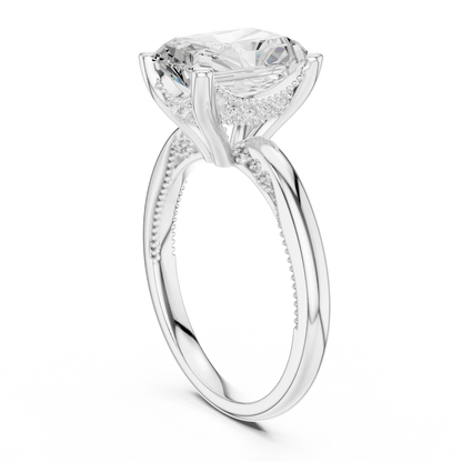 Back side view of white gold radiant cut solitaire ring showing hidden halo and domed band details