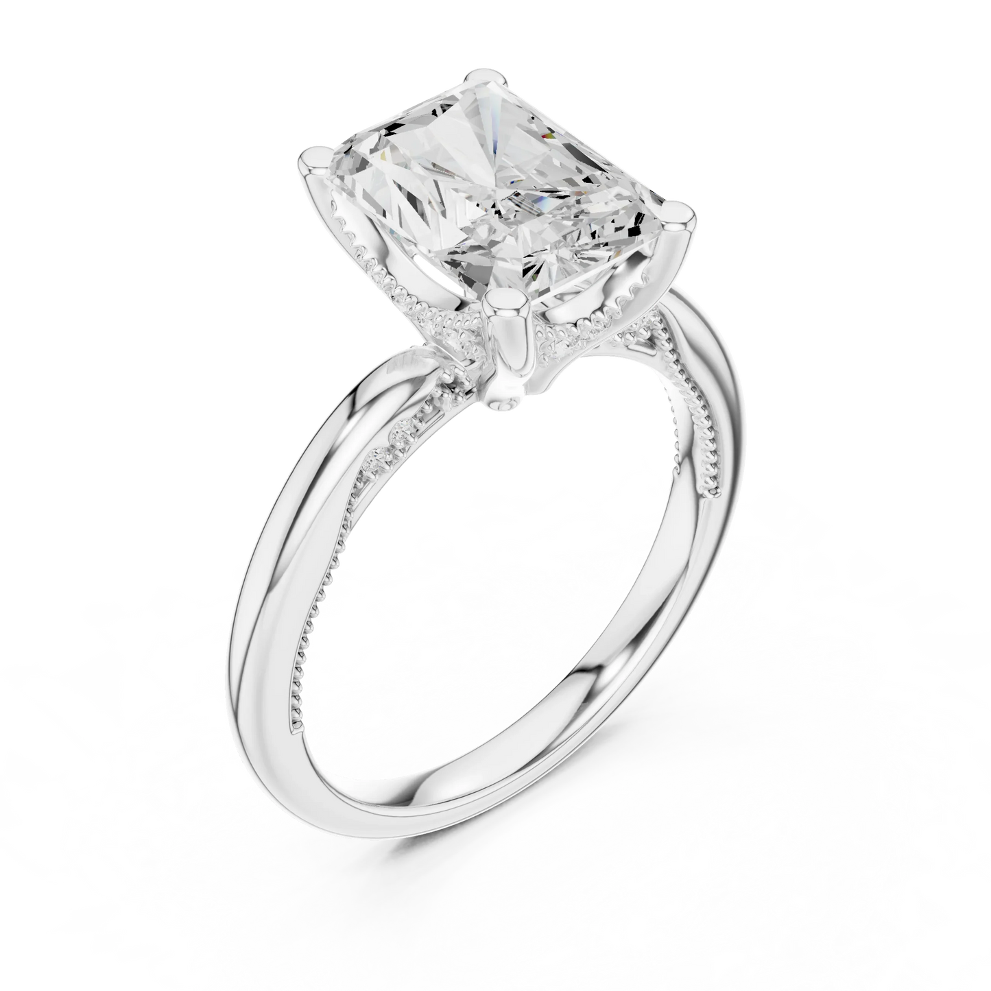 Front view of white gold radiant cut solitaire ring with hidden halo and domed band and lab-created diamond