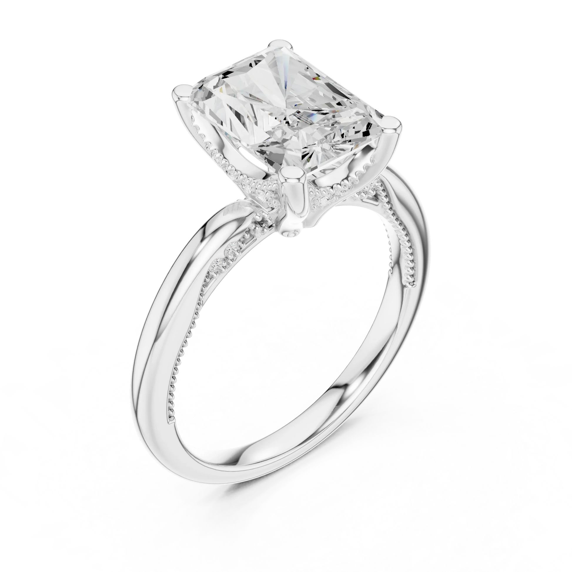 Front view of white gold radiant cut solitaire ring with hidden halo and domed band and lab-created diamond