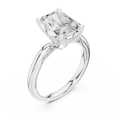 Front view of white gold radiant cut solitaire ring with hidden halo and domed band and lab-created diamond