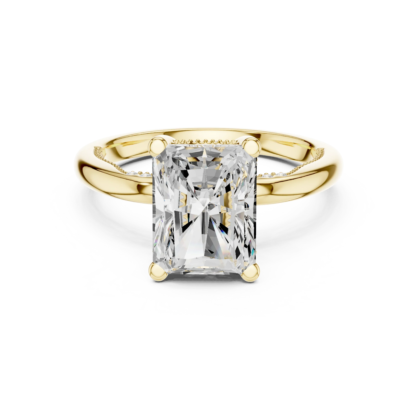 Yellow gold radiant cut solitaire ring with hidden halo and domed band featuring lab-grown diamond, classic style