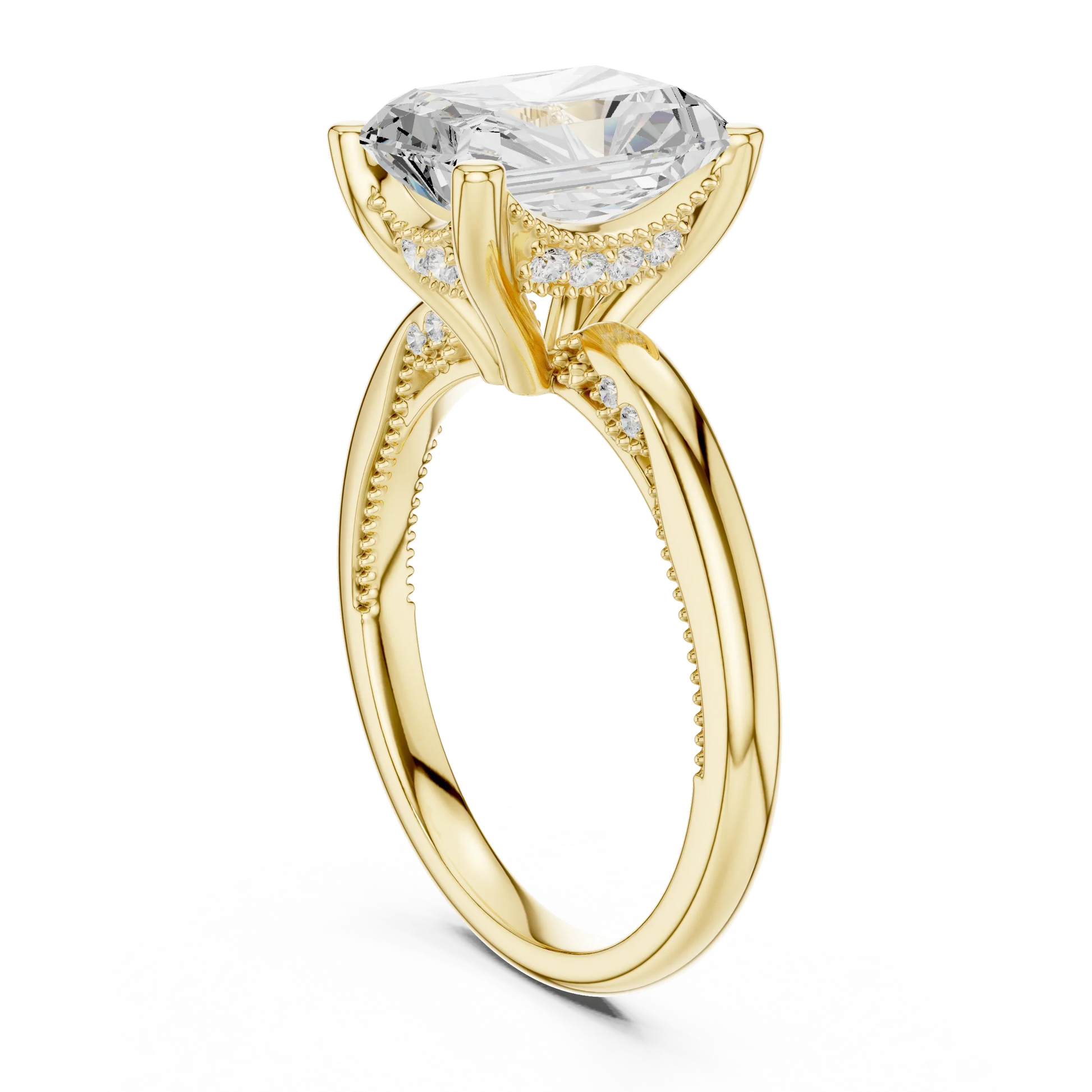 Back side view of yellow gold radiant cut solitaire ring showing hidden halo and domed band details