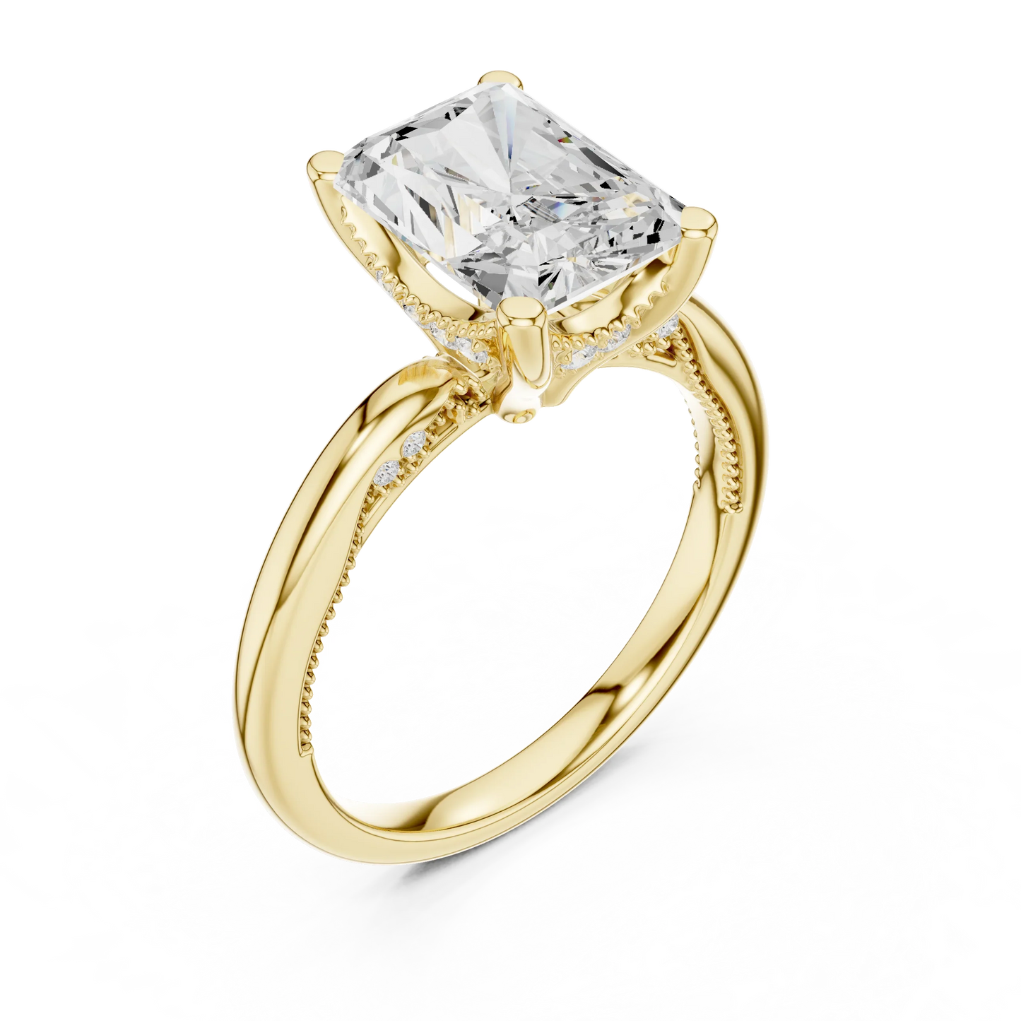 Front view of yellow gold radiant cut solitaire ring with hidden halo and domed band and lab-created diamond