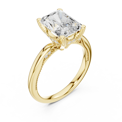 Front view of yellow gold radiant cut solitaire ring with hidden halo and domed band and lab-created diamond