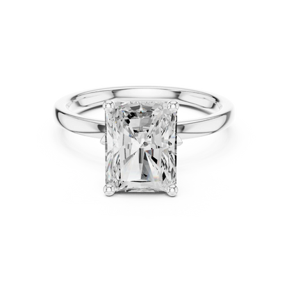 Lab-grown radiant cut solitaire ring in white gold with plain domed band