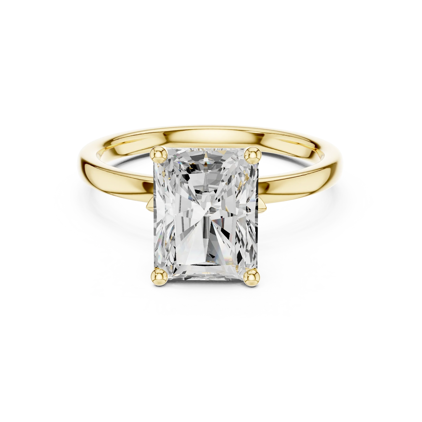 Lab-grown radiant cut solitaire ring in yellow gold with smooth domed band